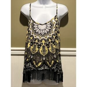 INC Racerback Fringe Hem Top – Colorful Yellow Black Boho Tank – Women’s XL